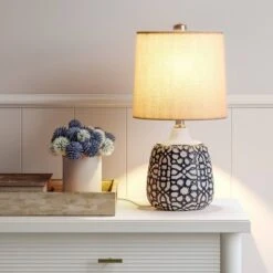 17.5"x9" Assembled Ceramic Table Lamp Blue - Threshold™: Bud-Shaped Base, Off-White Drum Shade, UL Listed 6 17.5"x9" Assembled Ceramic Table Lamp Blue - Threshold™: Bud-Shaped Base, Off-White Drum Shade, UL Listed -Threshold GUEST 0feeabc1 b794 467b bf8a ca90ba58ff9f