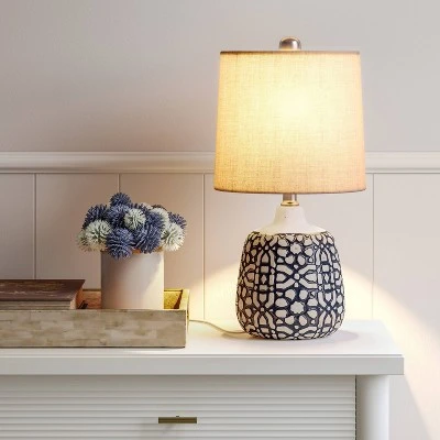 17.5"x9" Assembled Ceramic Table Lamp Blue - Threshold™: Bud-Shaped Base, Off-White Drum Shade, UL Listed 4 17.5"x9" Assembled Ceramic Table Lamp Blue - Threshold™: Bud-Shaped Base, Off-White Drum Shade, UL Listed - Image 2