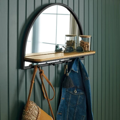 24"x15" Arch Wall Mirror With Shelf And Pegs Brown/Black - Threshold™: Modern Style, Horizontal Orientation, Includes Mounting Hardware 3 24"x15" Arch Wall Mirror With Shelf And Pegs Brown/Black - Threshold™: Modern Style, Horizontal Orientation, Includes Mounting Hardware