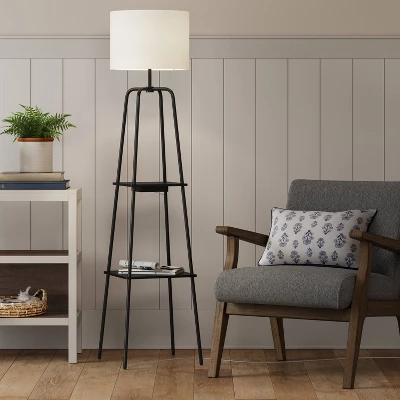 20" Etagere Power Source Shelf Floor Lamp Black Metal/Wood - Threshold™: USB Port, Modern Design 4 20" Etagere Power Source Shelf Floor Lamp Black Metal/Wood - Threshold™: USB Port, Modern Design - Image 2