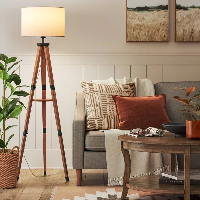Tripod Floor Lamp With Shelf Brown Wood - Threshold™ 3 Tripod Floor Lamp With Shelf Brown Wood - Threshold™