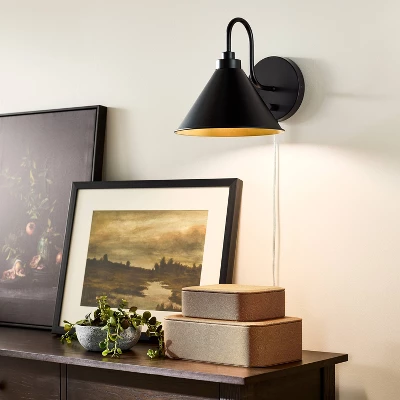 Curved Neck Wall Sconce With Metal Shade Black - Threshold™ Designed With Studio McGee: Modern Plug-In, ETL Listed, Cone-Shape 3 Curved Neck Wall Sconce With Metal Shade Black - Threshold™ Designed With Studio McGee: Modern Plug-In, ETL Listed, Cone-Shape